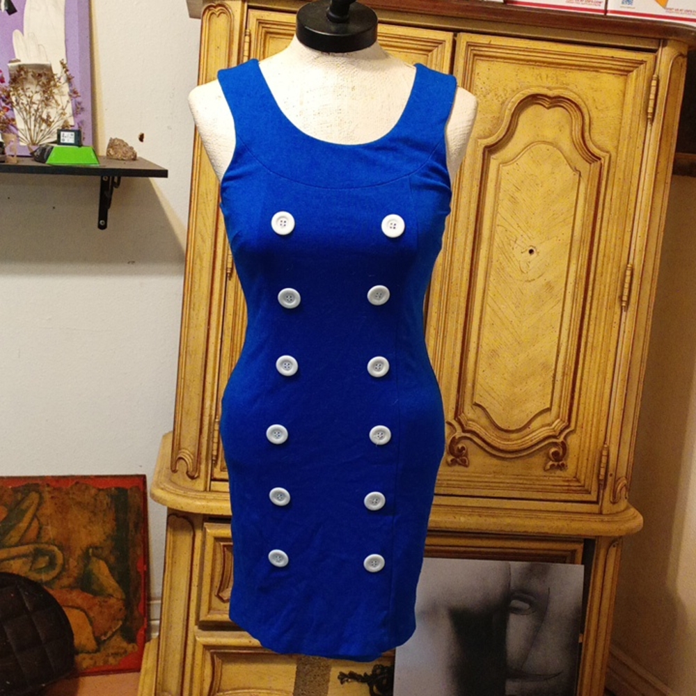 Womens Blue Dress Sz Med Stretchy White Button Accents  sleeveless Zipper Back
